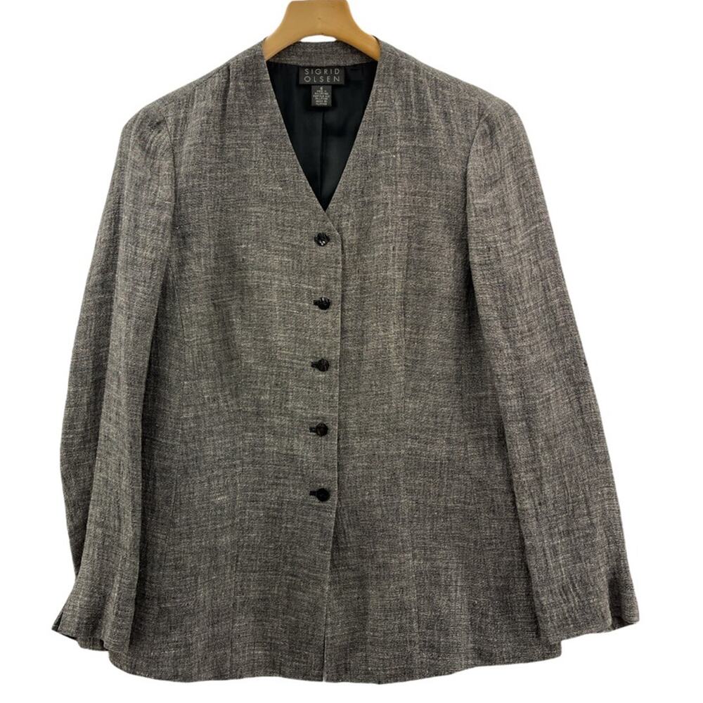 Sigrid Olsen Womens Suit Jacket Gray Textured Long Sleeve Button V Neck Lined 6